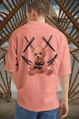 Lecowar Fashion Printed Men Round Neck Pink T-Shirt