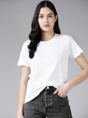 Roadster Solid Women Round Neck White T-Shirt