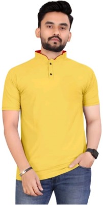 Vasudev Solid Men Mandarin Collar Yellow T-Shirt