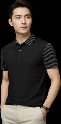 GELAI ENTERPRISE Solid, Striped Men Polo Neck Black T-Shirt