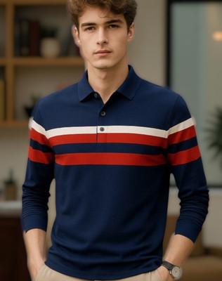 Autna Striped Men Polo Neck Navy Blue T-Shirt