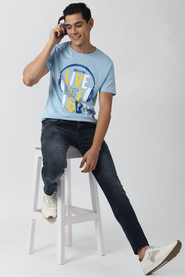 Peter England University Printed Men Round Neck Blue T-Shirt