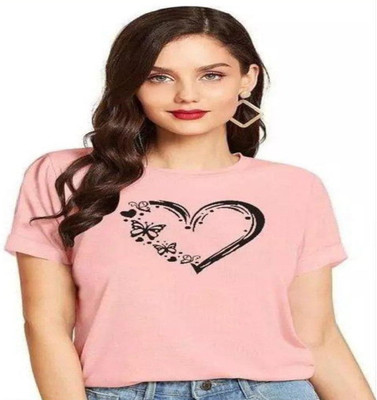 SAHAL Printed Women Round Neck Pink T-Shirt