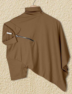 PRAIZY Solid Men Zip Neck Brown T-Shirt