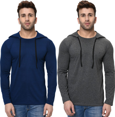 Tresna Trending Self Design, Solid Men Hooded Neck Dark Blue, Grey T-Shirt