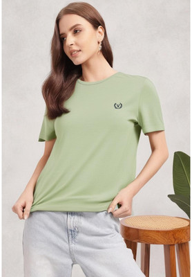 MACK JONNEY Printed, Solid Women Round Neck Light Green T-Shirt