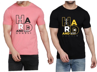 WOOSTRO Printed Men Round Neck Pink, Black T-Shirt