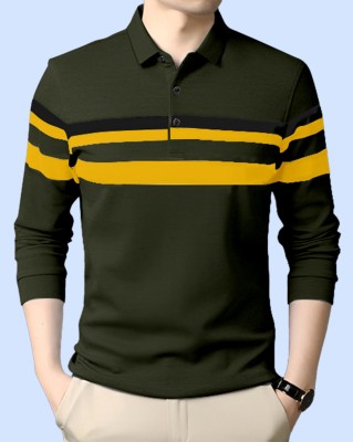 AOOSH Striped Men Polo Neck Dark Green T-Shirt