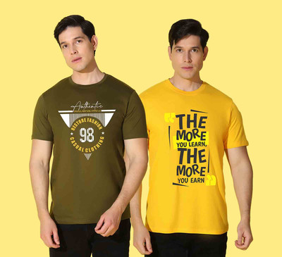 WOOSTRO Printed Men Round Neck Dark Green, Yellow T-Shirt