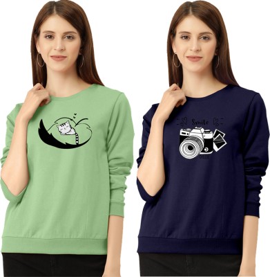 ZentWorld Printed Women Round Neck Light Green, Navy Blue T-Shirt