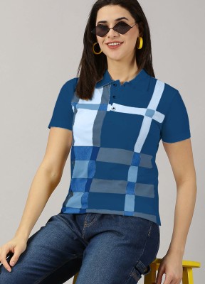 AUSK Checkered Women Polo Neck Dark Blue, Light Blue T-Shirt