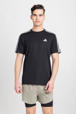 ADIDAS Striped Men Round Neck Black T-Shirt