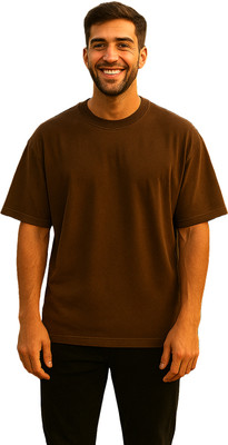 klaema Solid Men Round Neck Brown T-Shirt