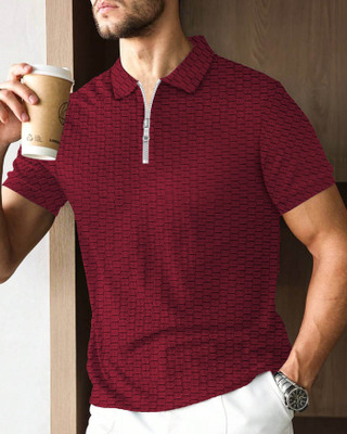 AOOSH Self Design Men Polo Neck Maroon T-Shirt