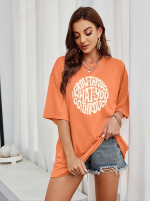 JUNEBERRY Typography Women Round Neck Orange T-Shirt