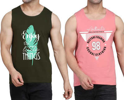 WOOSTRO Printed Men Scoop Neck Dark Green, Pink T-Shirt