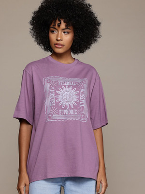 Roadster Printed Women Round Neck Purple T-Shirt