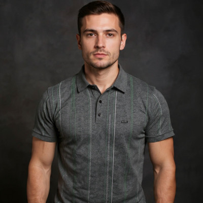 VITON Striped Men Polo Neck Grey T-Shirt