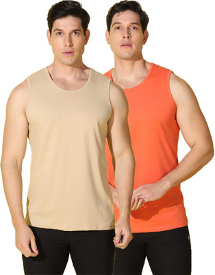 WOOSTRO Solid Men Scoop Neck Beige, Orange T-Shirt