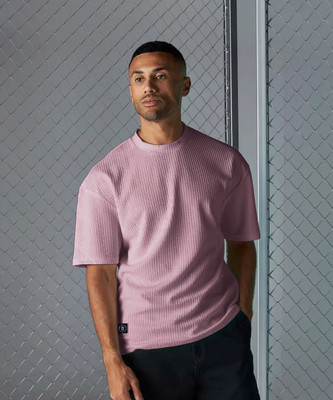 MANIAC Solid Men Round Neck Pink T-Shirt