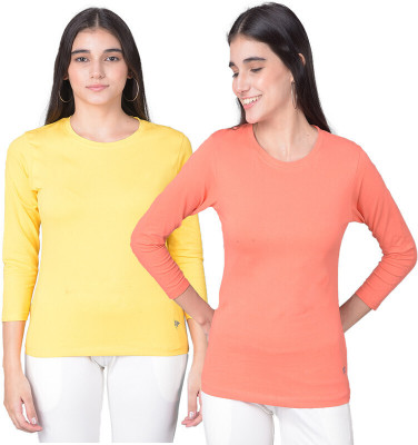 Comfort Lady Solid Women Round Neck Yellow, Orange T-Shirt