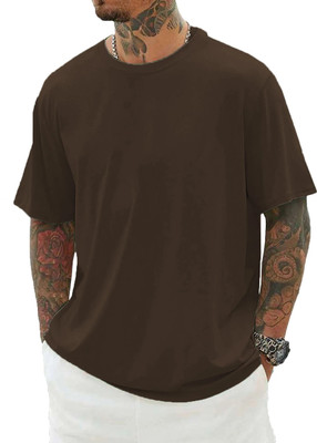 DISINVENT Solid Men Round Neck Brown T-Shirt