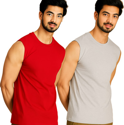 Adorbs Solid Men Round Neck Red, Grey T-Shirt