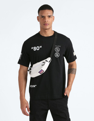 FLYING MACHINE Printed, Typography Men Round Neck Black T-Shirt