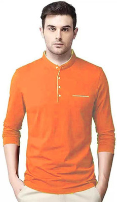 Tresna Trending Solid Men Mandarin Collar Orange T-Shirt