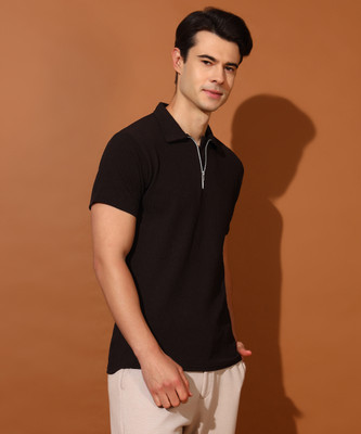 METRONAUT Self Design Men Polo Neck Black T-Shirt