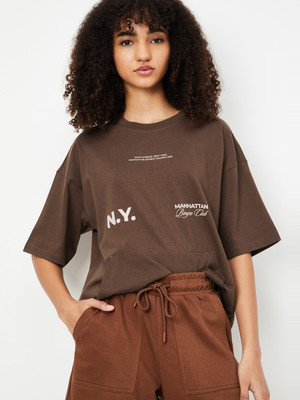 MAX Printed Women Round Neck Brown T-Shirt