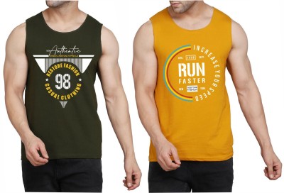 WOOSTRO Printed Men Scoop Neck Dark Green, Yellow, White T-Shirt