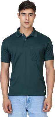 YHA Solid Men Polo Neck Dark Green T-Shirt