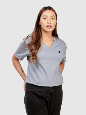 SUMISO Solid Women V Neck Grey T-Shirt