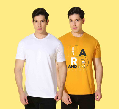WOOSTRO Solid, Printed Men Round Neck Yellow, White T-Shirt