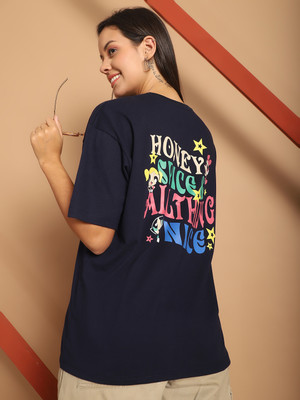 Fabflee Typography Women Round Neck Dark Blue T-Shirt