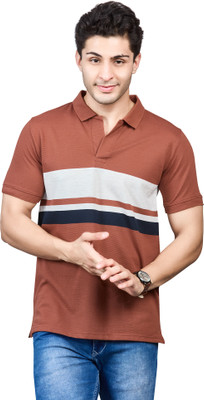 BE POSITIVE Striped Men Polo Neck Orange T-Shirt