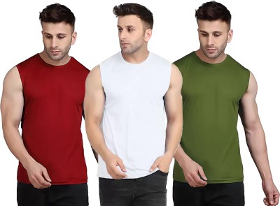 Renowned Solid Men Round Neck Maroon, White, Dark Green T-Shirt