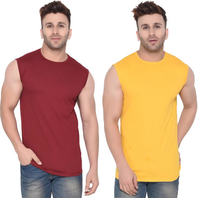 Moordale Fab Solid Men Round Neck Maroon, Yellow T-Shirt