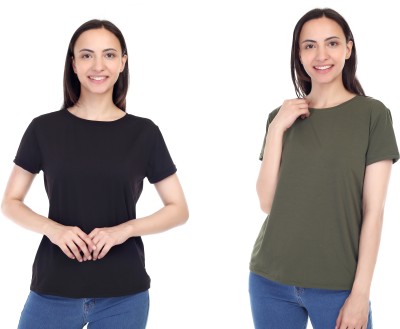 Liania Solid Women Round Neck Black, Dark Green T-Shirt