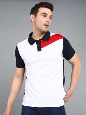 Urbano Fashion Colorblock Men Polo Neck White, Navy Blue T-Shirt