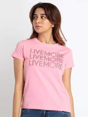Status Quo Typography Women Round Neck Pink T-Shirt
