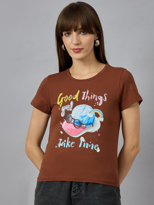 98 Degree North Printed Women Round Neck Orange T-Shirt