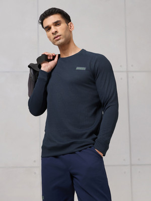 TECHNOSPORT Solid Men Crew Neck Navy Blue T-Shirt