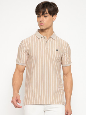 DUKE Striped Men Polo Neck Beige T-Shirt
