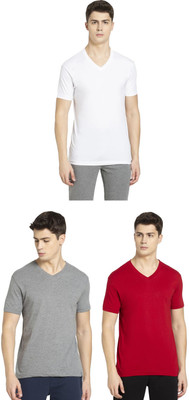 JOCKEY Solid Men V Neck Grey, Red, White T-Shirt
