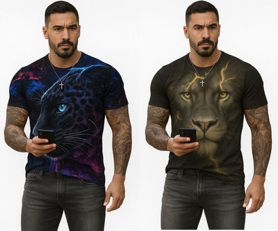 UD FABRIC Animal Print Men Round Neck Dark Green, Multicolor T-Shirt