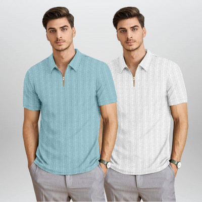 BROWEARS Self Design Men Polo Neck White, Light Blue T-Shirt