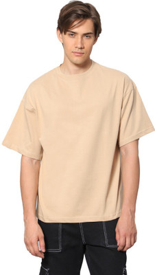 Besick Solid Men Round Neck Beige T-Shirt