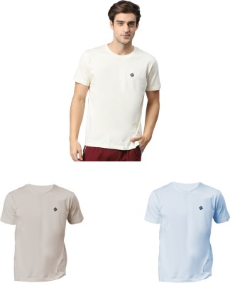 Almo Solid Men Round Neck White, Brown, Light Blue T-Shirt